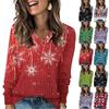 Women's Fashionable Loose-Fit V-Neck Long-Sleeved T-Shirt Christmas Print Pullover