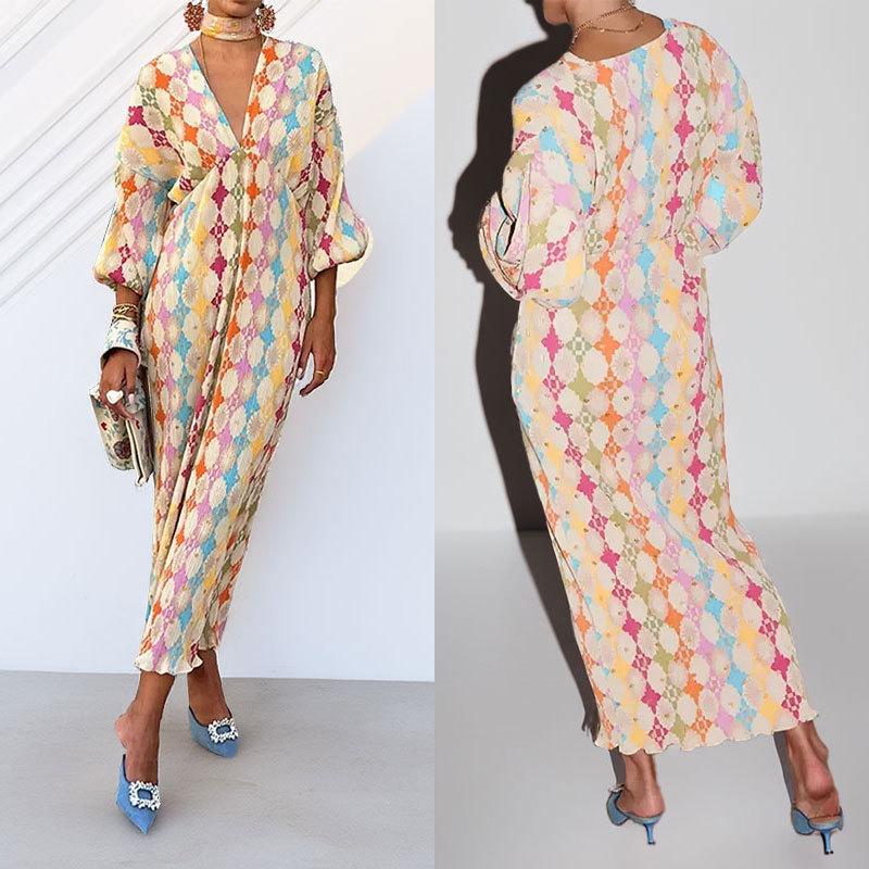 Новое женское элегантное платье с V-образным вырезом, принтом и рукавами-фонариками, длинное, для женщин