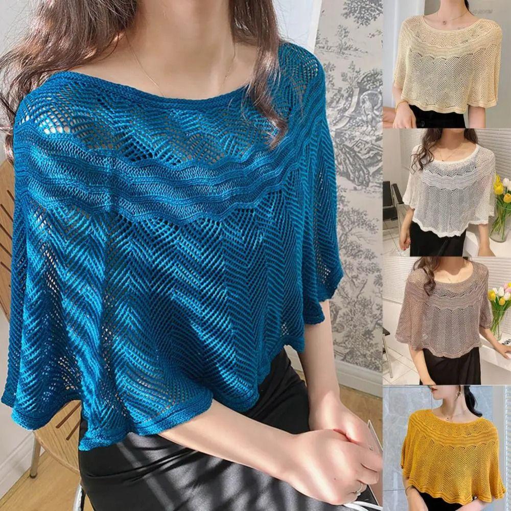 Breathable Knitted Shawl Solid Color Sunscreen Blouse Pullover Neck Guard Cloak Scarf Spring