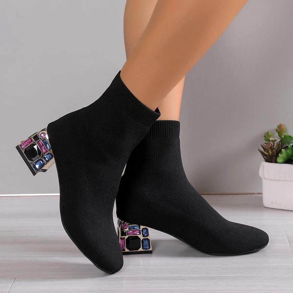 Fashion Thick Heel Ankle Boots Women's 2024 Autumn New Round Toe Slip-on High-heeled Comfortable Fashion Boots Women