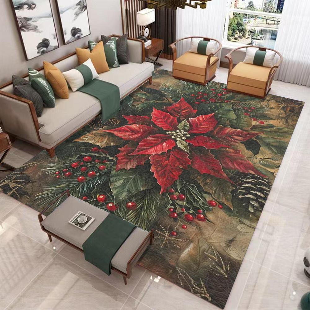 Poinsettia Area Rug Christmas Art Deco Style, Holiday Home Decor Rugs for Bedroom Living Room Winter Carpet for Dining Room