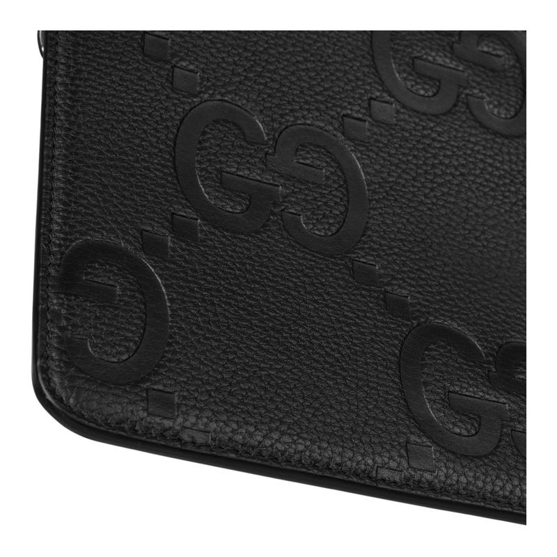 Gucci Двойная G Крупный Логотип Застежка-молния Гравированная Кожа Клатч Большой Мужской Черный