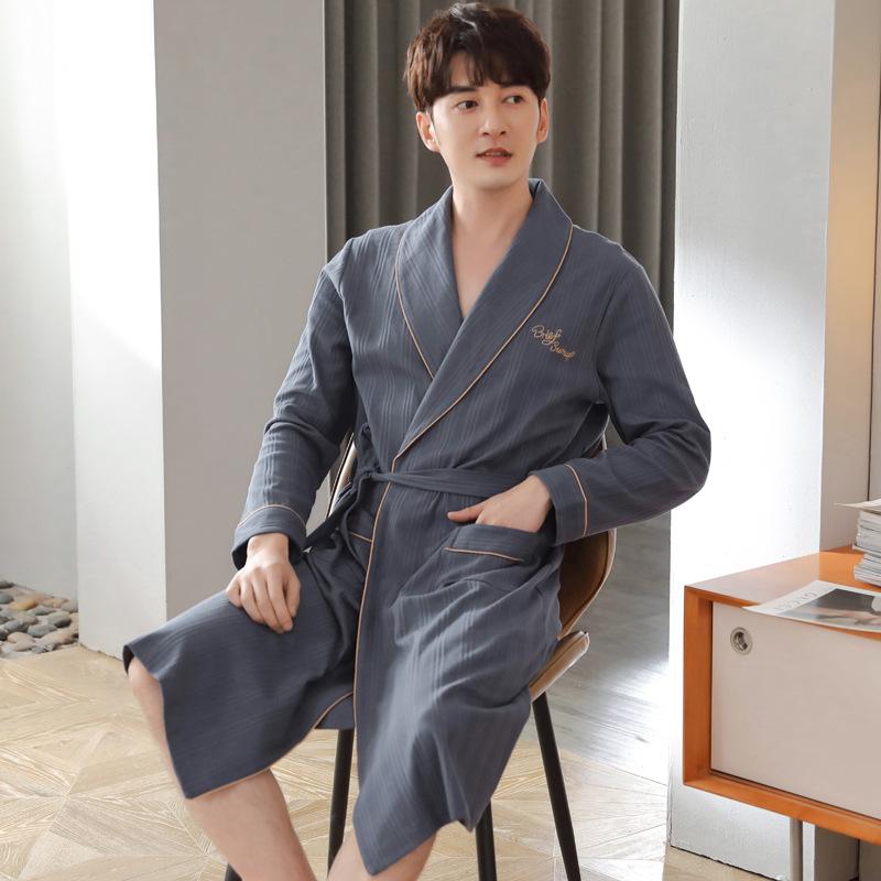 Men'S Nightgown Spring And Autumn Long-Sleeved Pure Cotton Long Bathrobe Pajamas Cotton Integrated Thin Large-Size Bathrobe Dressing Gown