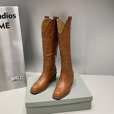 Винтажные квадратный носок толстый каблук ковбойские сапоги женские 2025 новые V-образный вырез вышитые рыцарские сапоги боковая молния сапоги с длинным голенищем