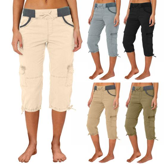 Women Cropped Drawstring Waist Wide Elastic Waistband Pure Multi Pockets Retractable Foot Leg Daily Wear School