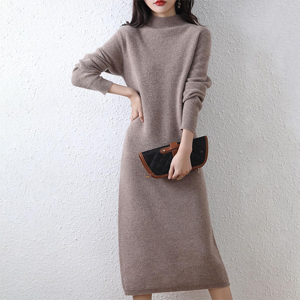 Women's Half High Collar Wool Knitted Dress Solid Color Long Sleeve Sweater Long Dress