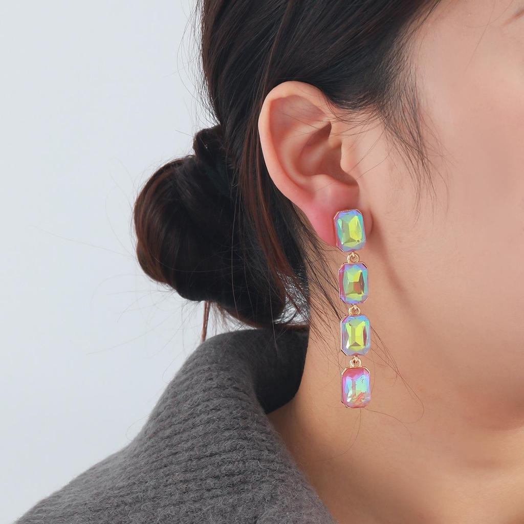 Геометрические многослойные квадратные серьги-подвески с цветными бриллиантами в европейском и американском стиле