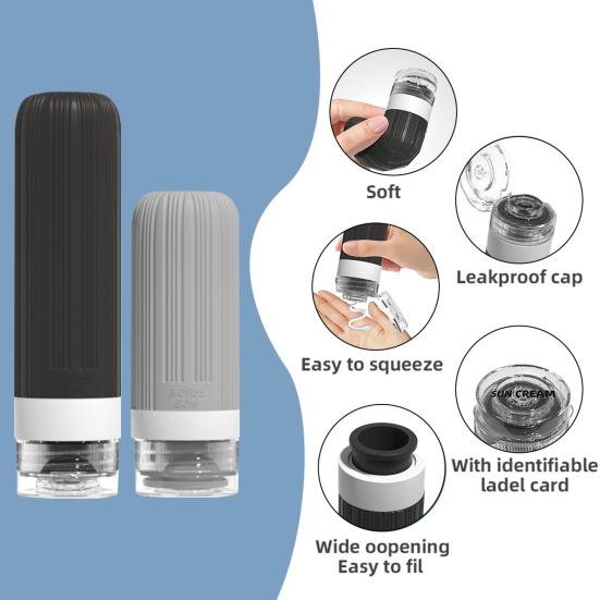 1 набор 60/90 мл силиконовых дорожных бутылочек, герметичные, многоразовые, для хранения крема для лица, лосьона, солнцезащитного крема, портативные, многоразовые, пустые емкости для туалетных принадлежностей
