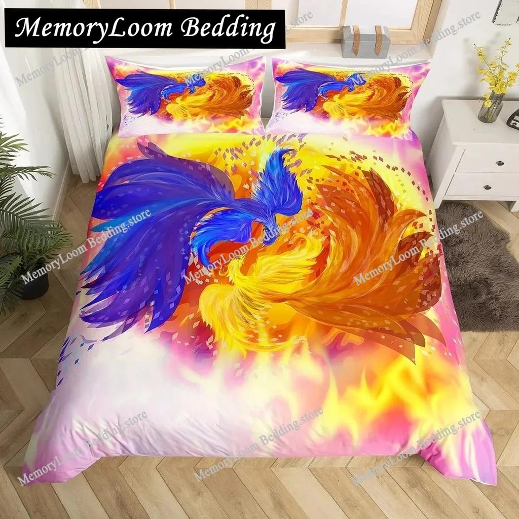 Dragon and Phoenix Duvet Cover Set, Fantasy World Monster Gothic Bedding Sets Polyester Comforter Quilt Cover