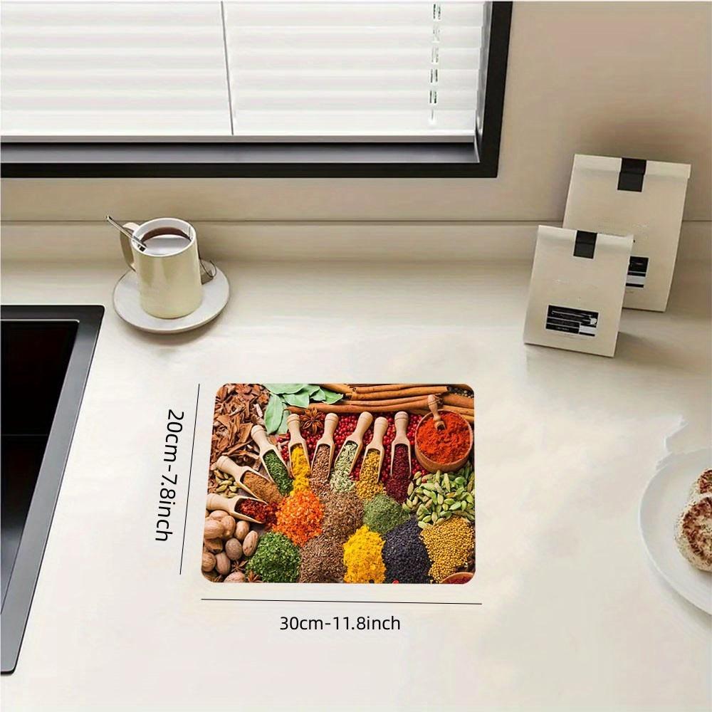 1 шт. резиновый кухонный коврик для сушки посуды с принтом приправ - нескользящий, впитывающий, подставка для посуды для домашнего декора, экономящий место