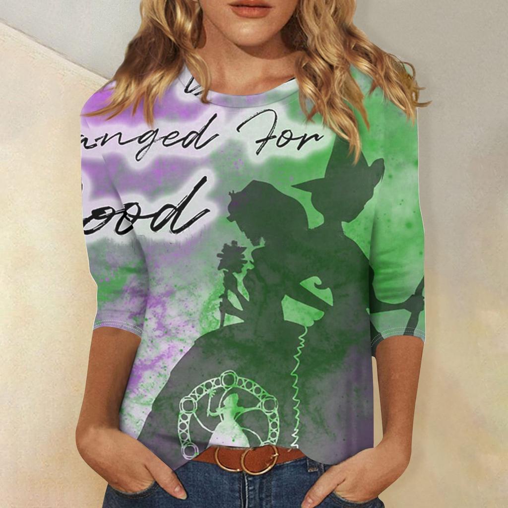 Женская модная повседневная футболка с круглым вырезом и принтом «Bad Witch» с семью рукавами