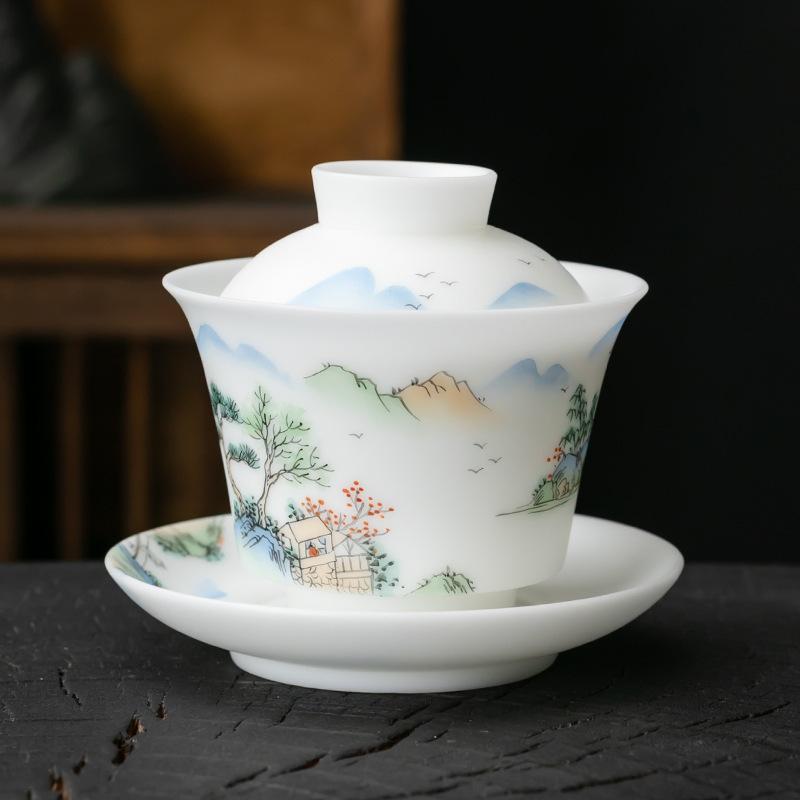 Boutique Ice Jade Porcelain Handmade Covered Bowl Handpainted Frangrant Hills Gaiwan Tea Tureen Tea Brewing Tea Collection Gifts