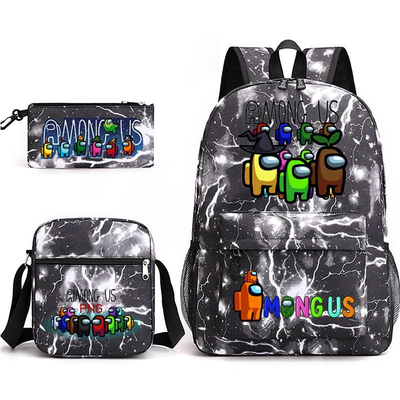 Among Us Cartoon Print Backpack Set Students 3-Piece Canvas School Travel Bag Street Style 20-35L Capacity