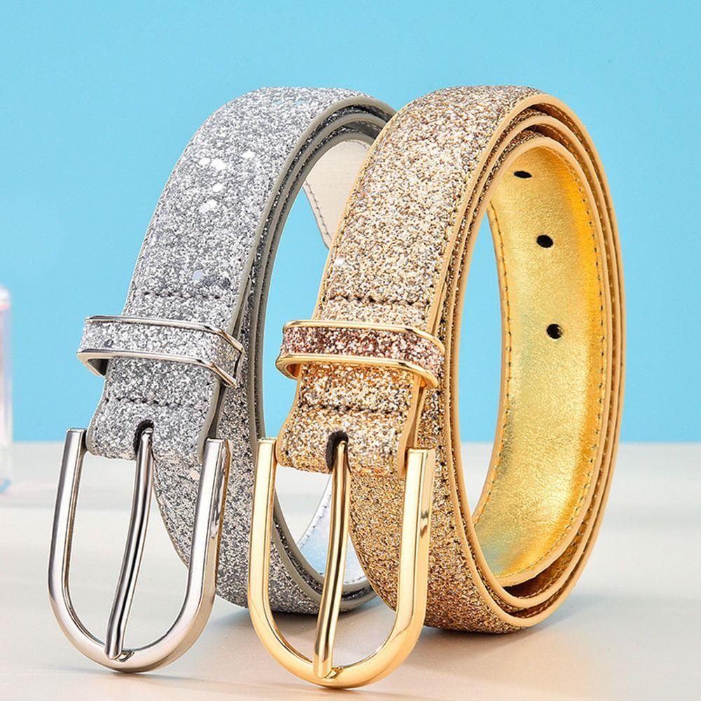 Retro Vintage Trouser Dress Belts Glitter Leather Belt Pin Buckle Waistband Gold Silver Waist Strap