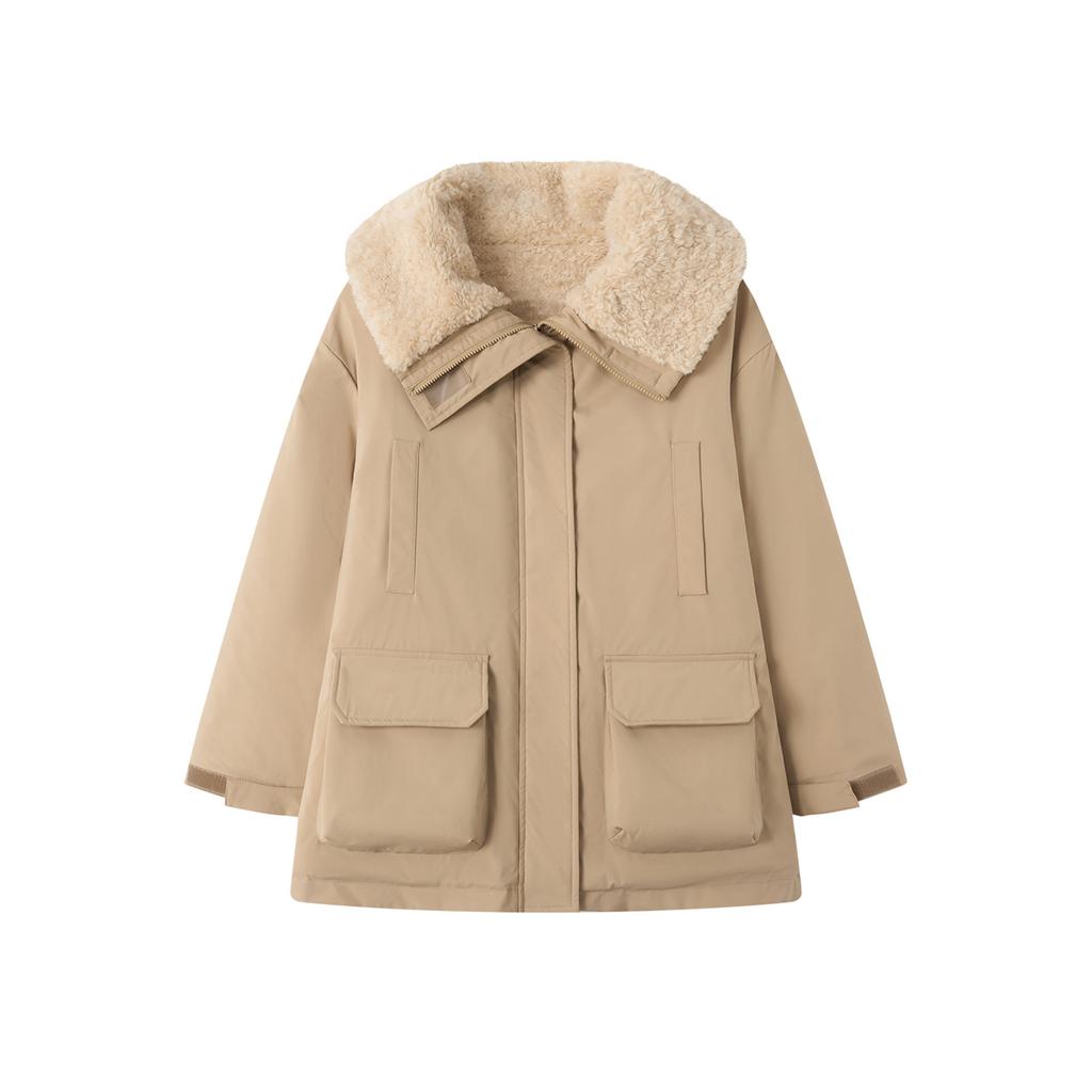 Большие лацканы Парки из утолщенной рабочей ткани с меховой подкладкой Женская куртка