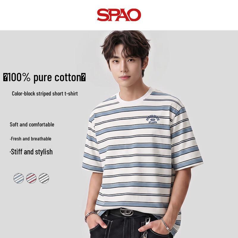 SPAO Men's 100% Cotton Striped Crew Neck T-Shirt