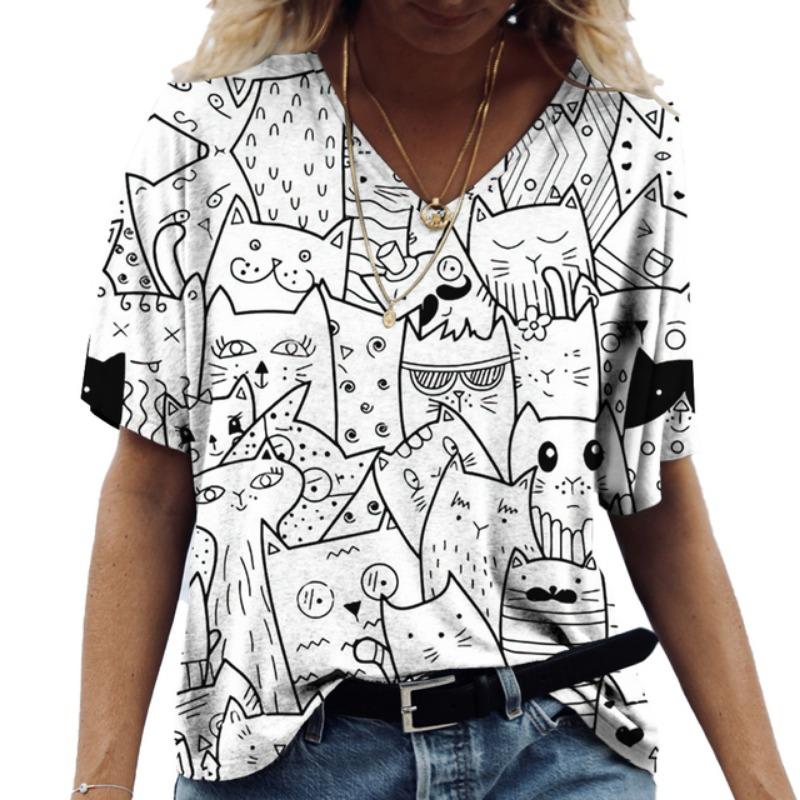 Женская футболка с забавным принтом кота Женская футболка Футболка свободного покроя Топ Летняя НОВАЯ повседневная женская одежда Дизайнерские топы с V-образным вырезом Футболки
