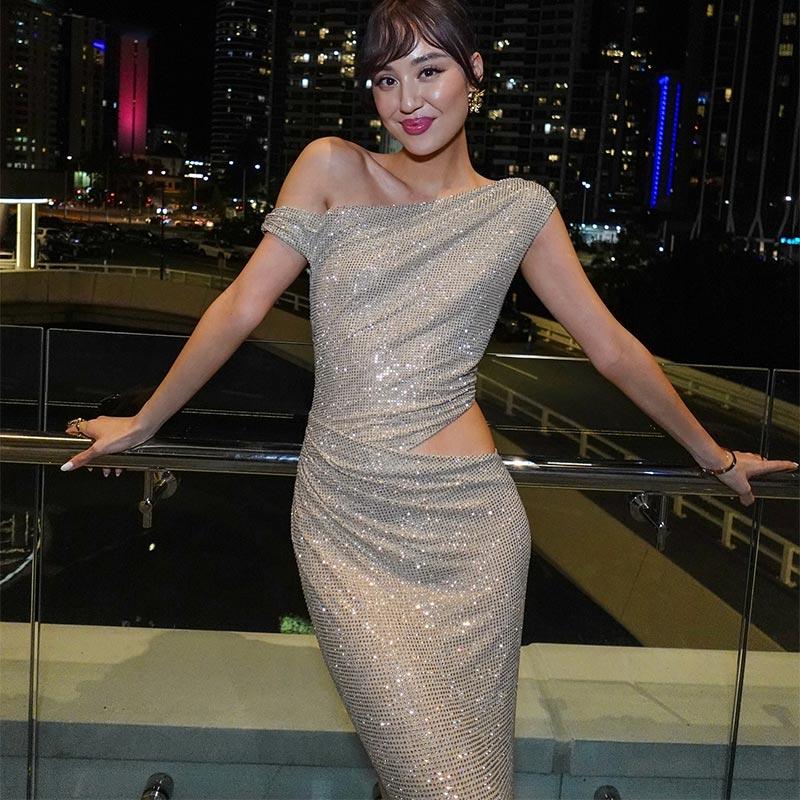 Retro Sequin Single Shoulder Long Dress Women Elegant Glitter Solid Color Slim Fit Evening Dresses Female Street Party Dress