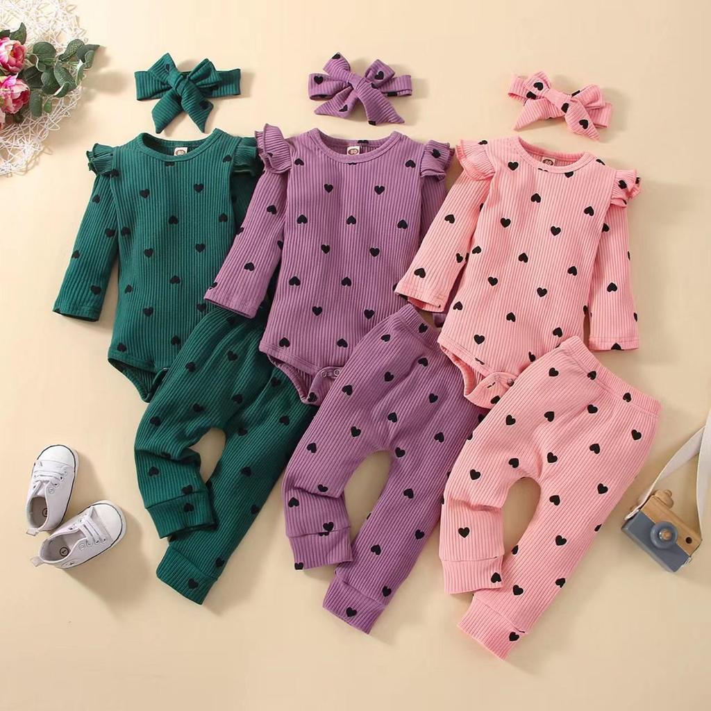 2023 Autumn/Winter Heart Print Romper for Baby Girls – Multicolor, Long Sleeve, Bowknot Accent