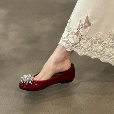 Версия из овчины~ Высококачественные туфли-лодочки с фейерверком из стразов, женские, новинка 2025 года, под юбку, с круглым носком, на плоской подошве, балетки