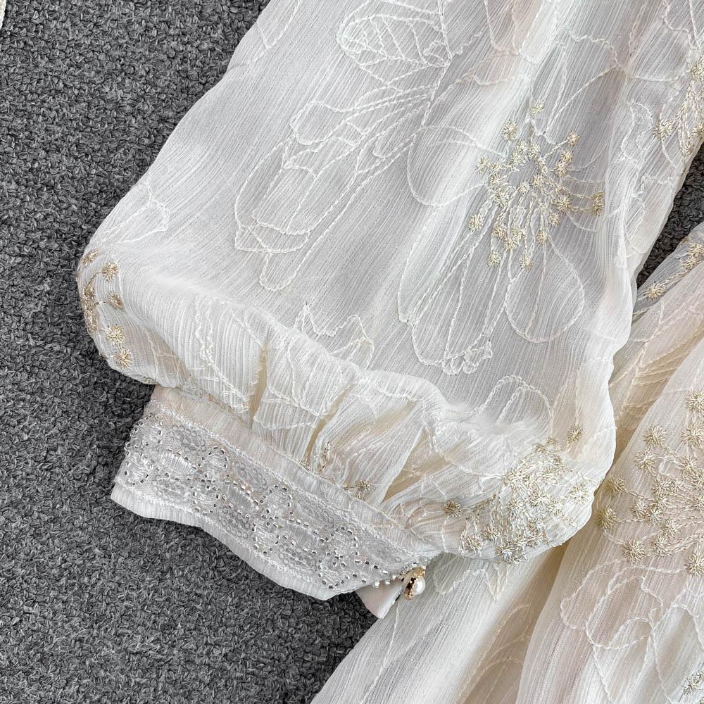 Lente Zachte Wind Temperament Fee Super Xiansen Afdeling Taille Sluiten Dunne Lange Mouwen V-hals Sequin Een-Woord Jurk