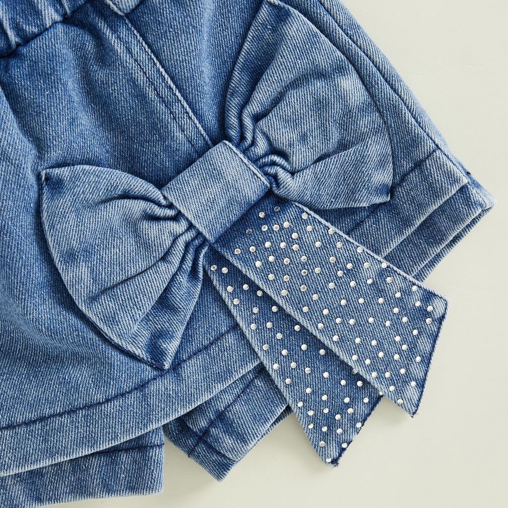 Детский комплект шорт для девочек, винтажная джинсовая майка с шортами с бантом, летний комплект из 2 предметов