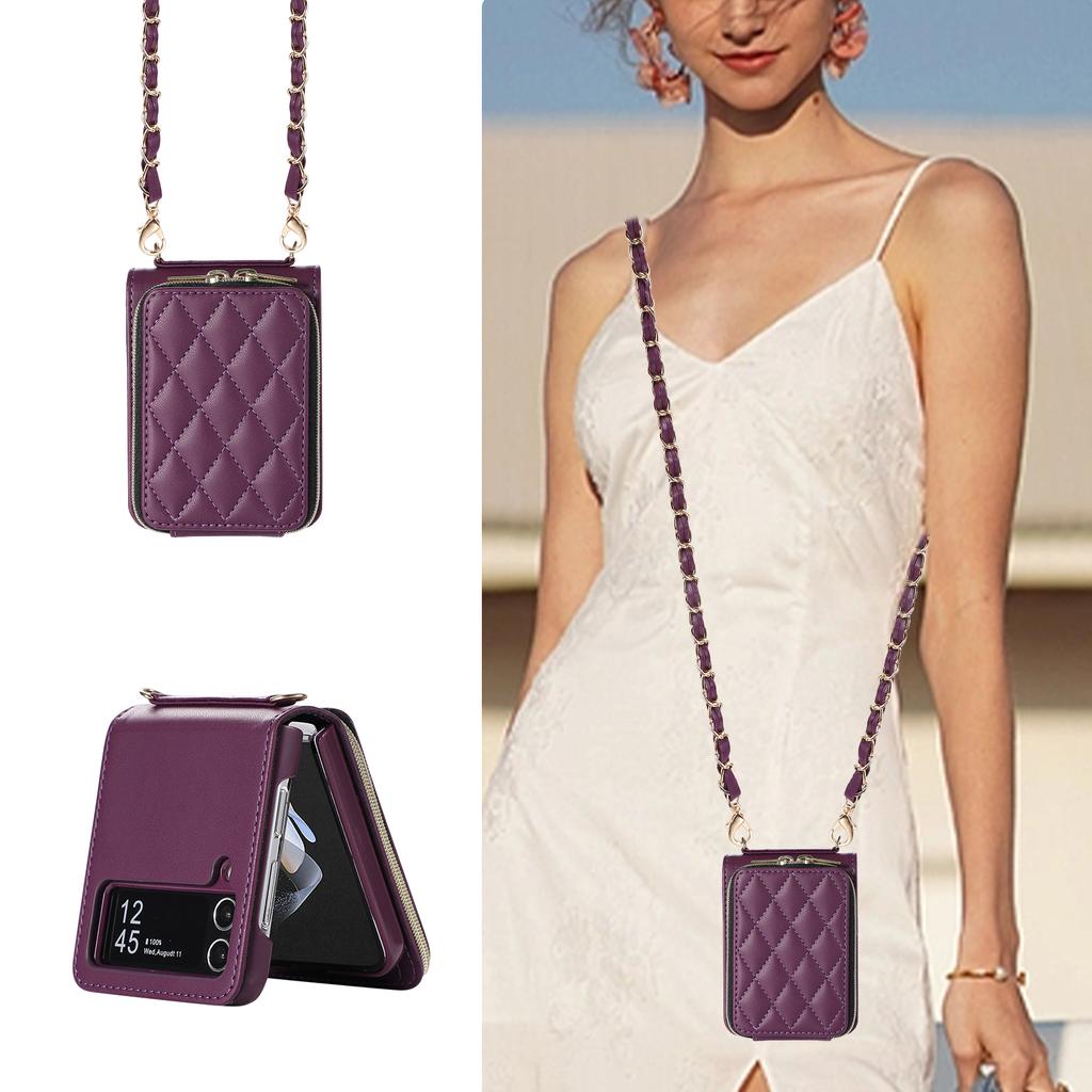 Crossbody Leather Zipper Cards Solt Wallet Case For Samsung Galaxy Z Flip 5 4 3 Z Fold 5 Fold4 Fold3 Metal Chain Lanyard Cover