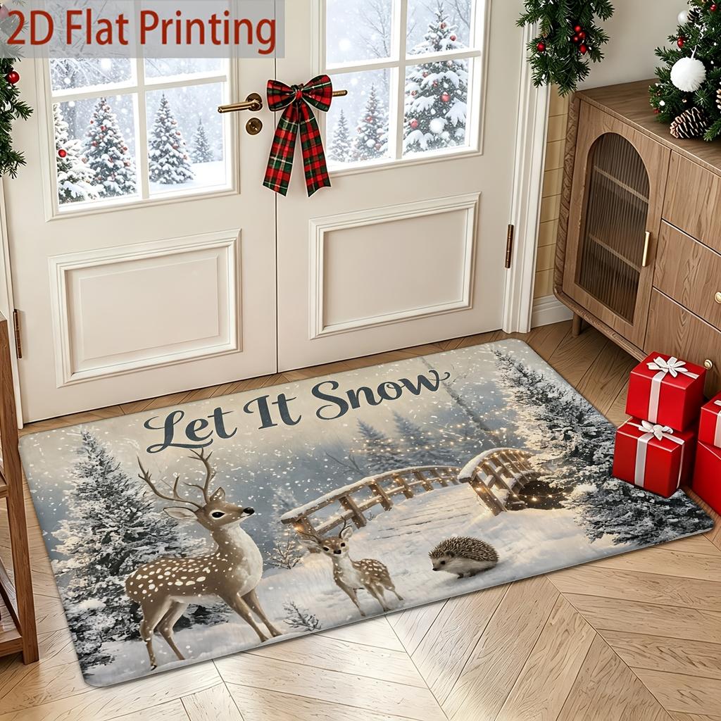 2D Flat Reindeer Snowy Scenery Pattern Design Velvet Non-Slip Floor Mat Christmas Door Mat Non-Clogging Instant Absorbent Carpet Machine Washable Non-