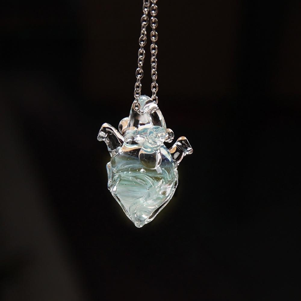 Handmade Transparent Heart Pendant Necklace Silver Chain Coloured Glaze Chain Choker Gift