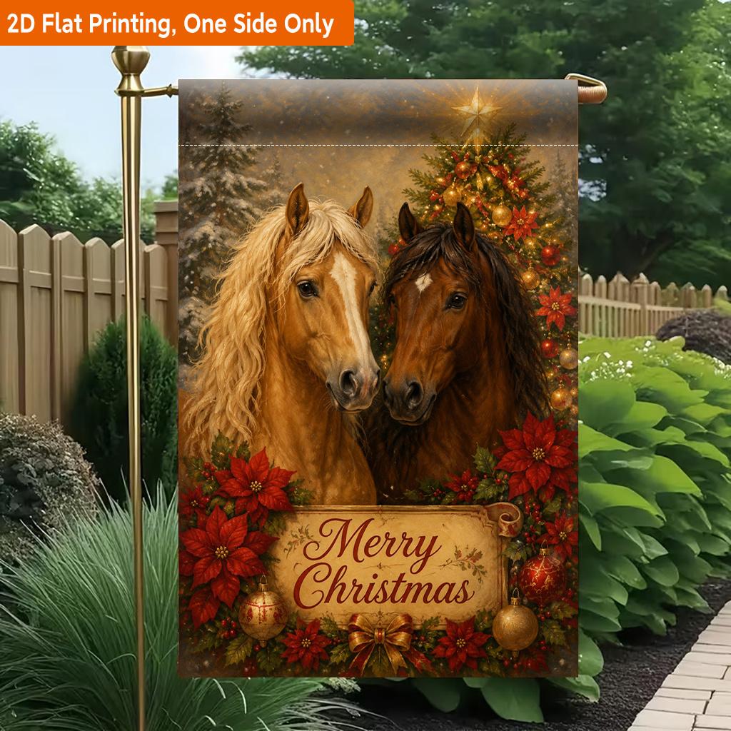 2D Flat - 2D Flat Printing Garden Flag 1pc, Horses with Christmas Tree Durable Single-Sided Print Yard Flag, Garden And Home Holiday Decoration, 29.97