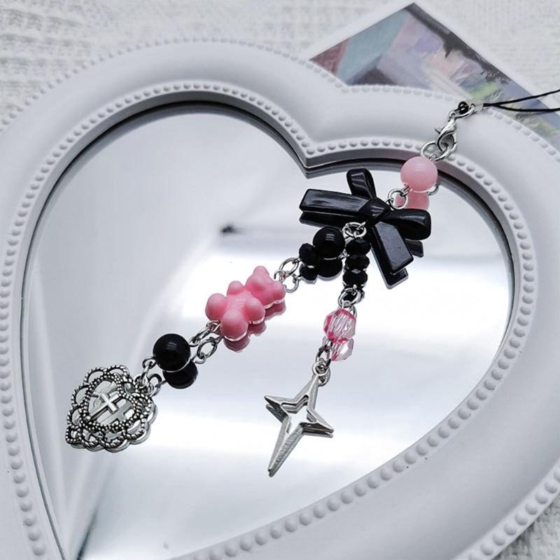 Bow-Love Keychain Crystal Y2k Beaded Phone Lanyard Strap Guitar Charm Cross-Pendant Phone Chain Anti-Lost for Women Girl