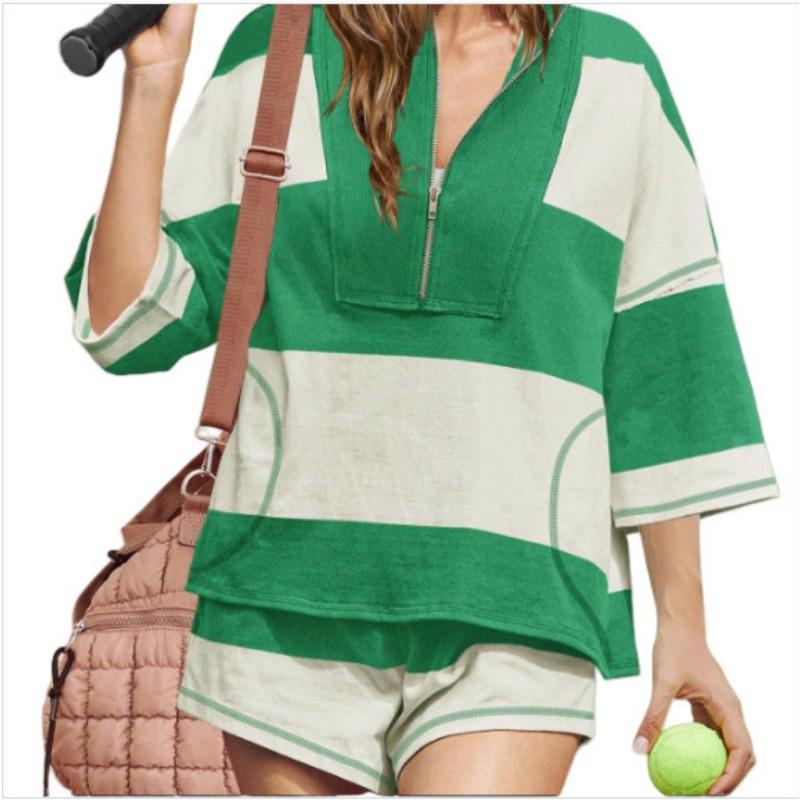 Women Color Block Half Sleeve Oversized Top And Shorts Casual Sports Two Piece Set