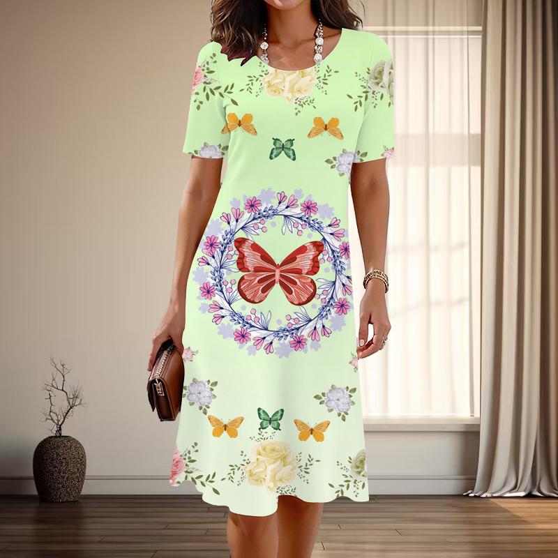 Женская мода изящный принт бабочки лето весна короткий рукав О-образный вырез повседневные платья
