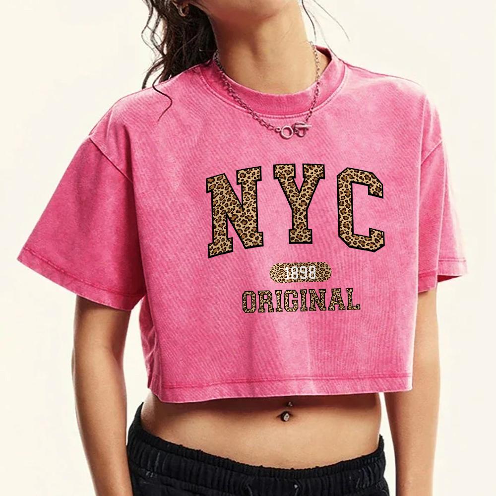 Футболка женская укороченная с принтом леопарда и Нью-Йорка, выстиранная, летняя, с коротким рукавом, из мягкого хлопка, с круглым вырезом