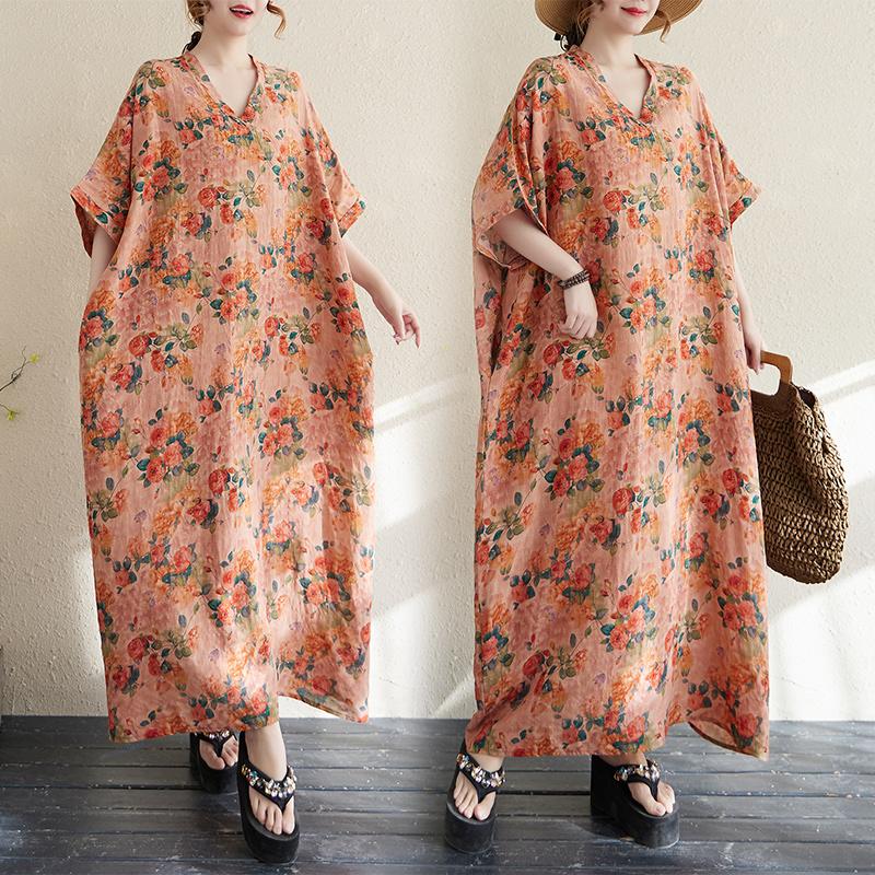 DIMANAF New Women 2025 Plus Size Summer Casual Floral Dress Vintage Long Dress Loose Basic Holiday Maxi