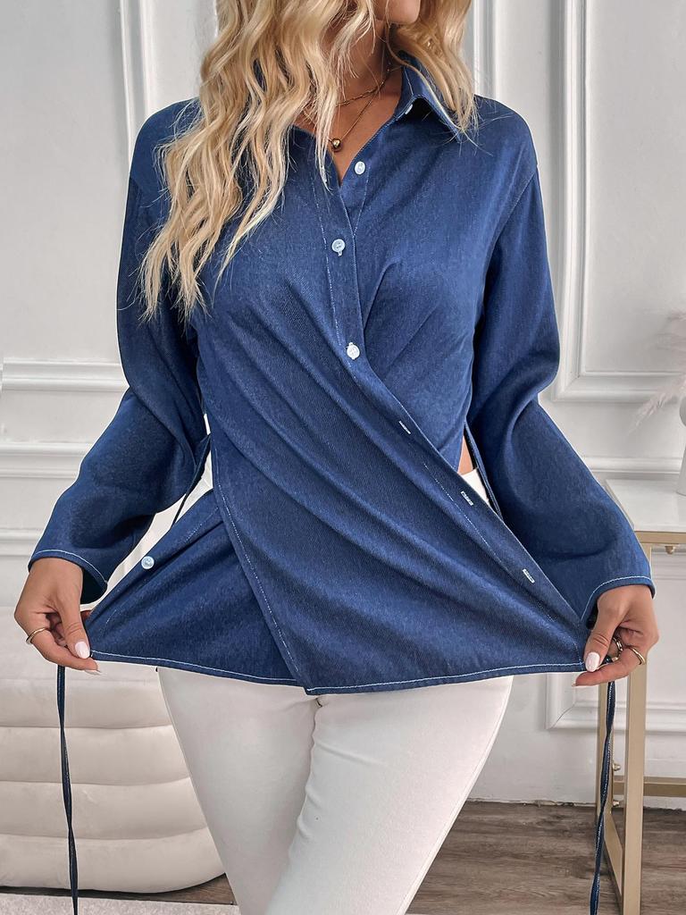 2024 Осень Французская Женская Рубашка с Длинным Рукавом, Рюшами и Перекрестной Завязкой