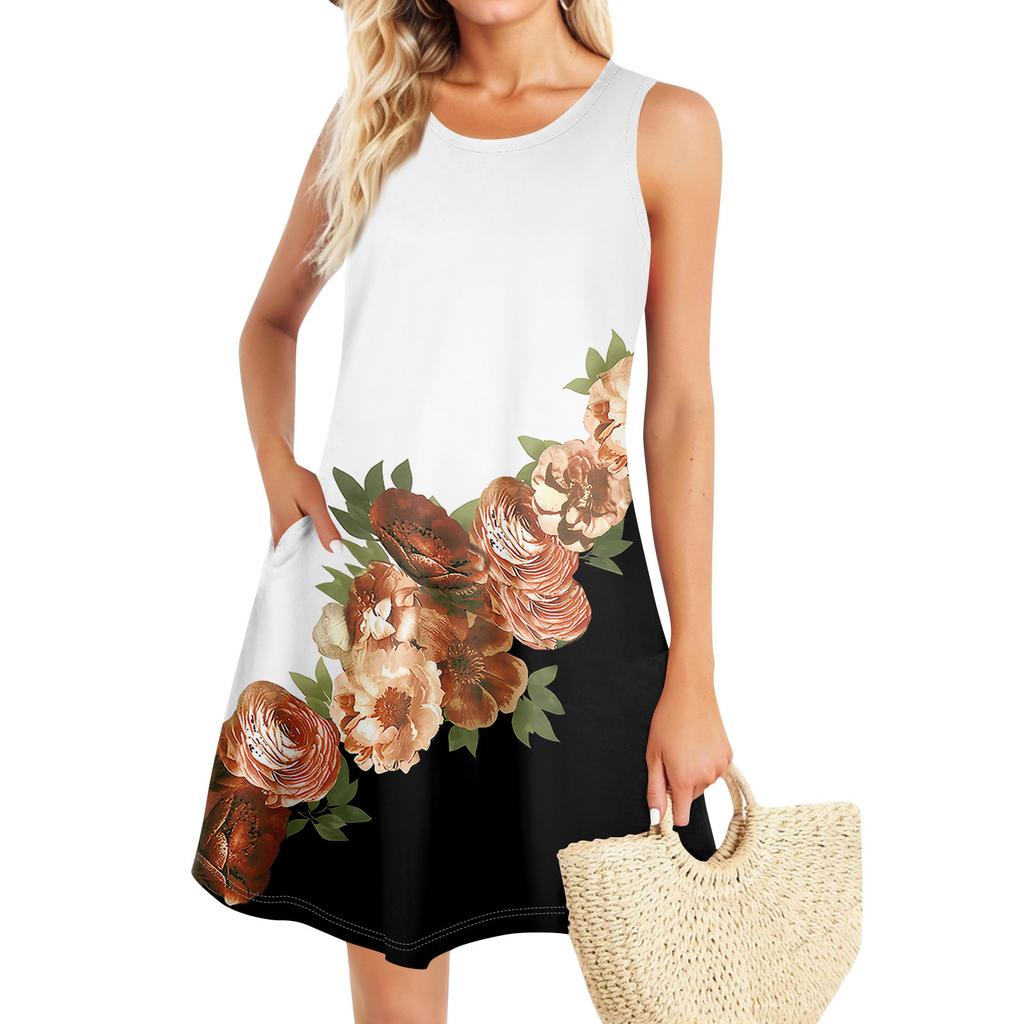 Summer Dresses For Women Beach Boho Sleeveless Vintage Printing Flowy Pocket Tshirt Tank Sundresses