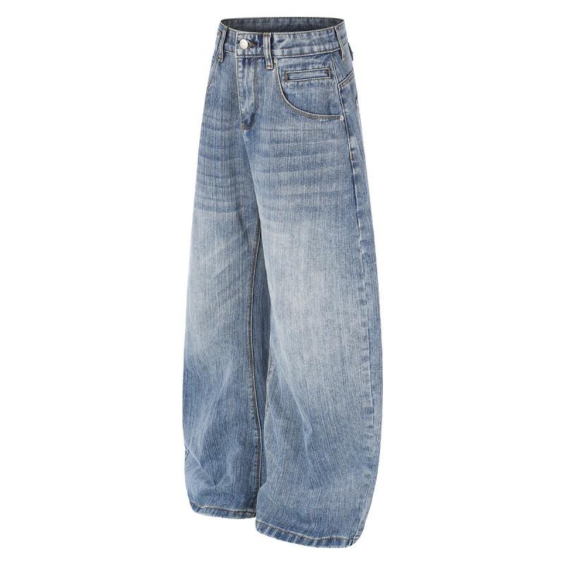 Mens Vintage Washed Denim Jeans Baggy Wide Leg Paris Buckle Hot Drilling Straight Pants