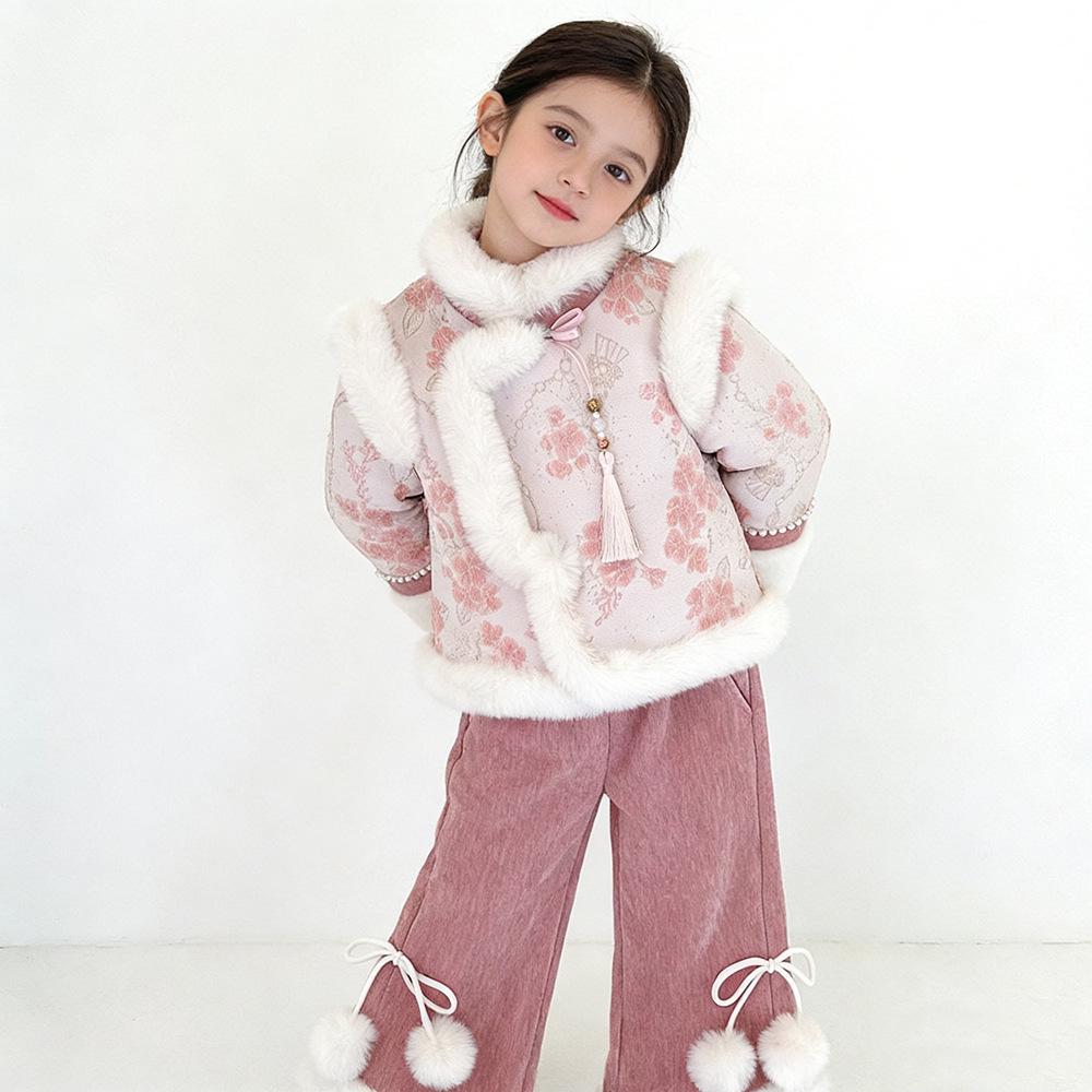 Зимний комплект из двух предметов в китайском стиле для девочек с отделкой из меха: Бархатный топ и брюки
