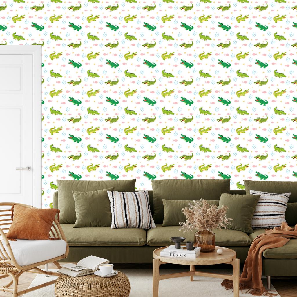 Crocodile wallpaper white, lime, green and cream 50x1000