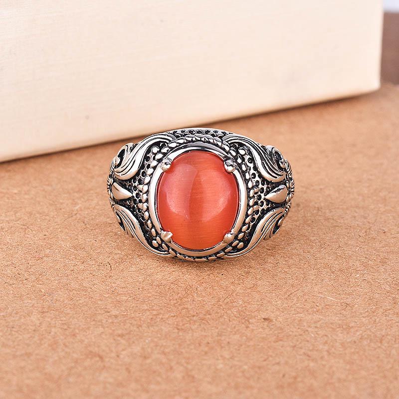 Zhenrong Retro Moonstone and Cat's Eye Stone Silver Ring