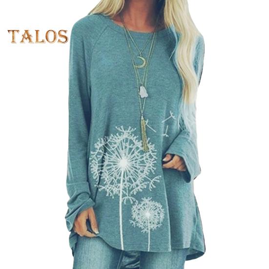 Женская туника больших размеров с принтом одуванчика, удлиненная рубашка с круглым вырезом и длинными рукавами, футболка-пуловер свободного кроя для работы, повседневной жизни