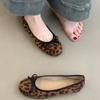 Sheepskin Version~ Genuine Leather French Flat-bottomed Leopard Print Bow One-pedal Shallow Mouth Single Shoes Women's Round Head Evening Shoes 