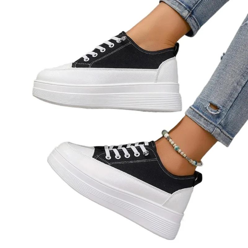 Обувь для женщин 2025 Новые женские вулканизированные туфли на шнуровке Женские повседневные кроссовки Смешанные цвета Подошва-губка Женская повседневная обувь