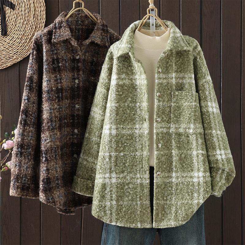 DIMANAF 2025 Новые осенне-зимние женские пальто и куртки больших размеров, свободная повседневная верхняя одежда, винтажная женская клетчатая хлопковая толстая с длинным рукавом