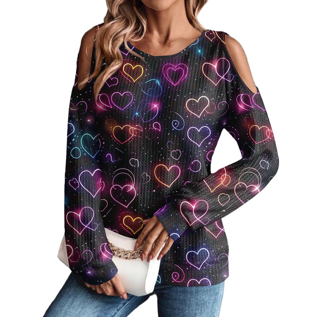 Women's Winter Oversized T-Shirt Fashionable Off-the-Shoulder Round Neck Vintage Floral Print Pullover Long-Sleeved Top