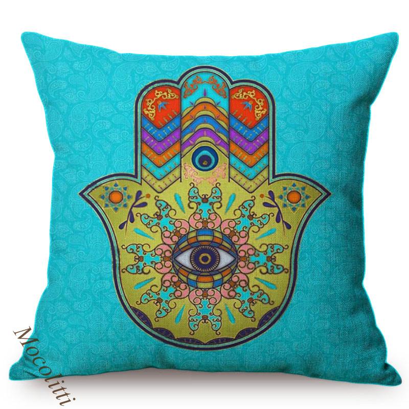 Arabic Fatima Hand Cushion Cover Worship Decoration Hamsa Khamsah Hand Pattern Print Cotton Linen Sofa Pillowcase Cojines Kussen