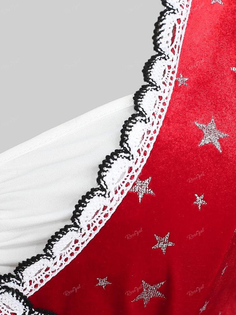 Rosegal Plus Размер Рождественская футболка с рюшами и кружевной отделкой серебряной штампованной звездой и рукавами-колокольчиками