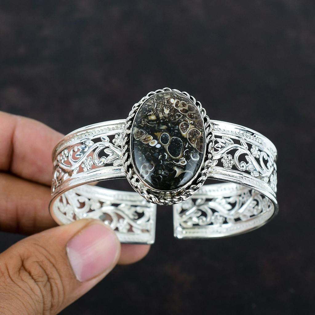 Браслет Turritella Agate, браслет-манжета из натурального драгоценного камня, элегантные ювелирные изделия, браслет-манжета из стерлингового серебра 925 пробы, регулируемый браслет, браслет ручной работы