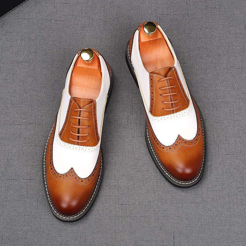 Fashion Fashion New Men's Black White Mixed Patent Leather Oxford Flats Brogues Shoes Male Homecoming Wedding Dress Zapatillas Hombre